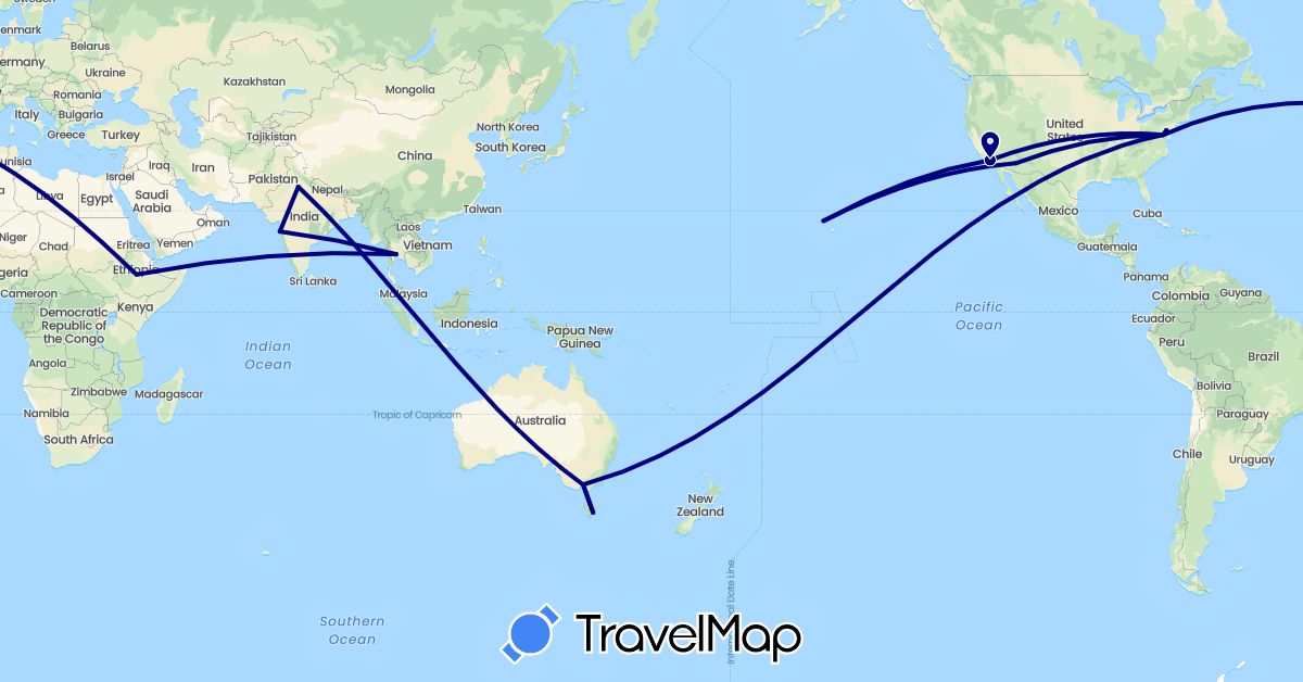 TravelMap itinerary: driving in Australia, Ethiopia, India, Thailand, United States (Africa, Asia, North America, Oceania)